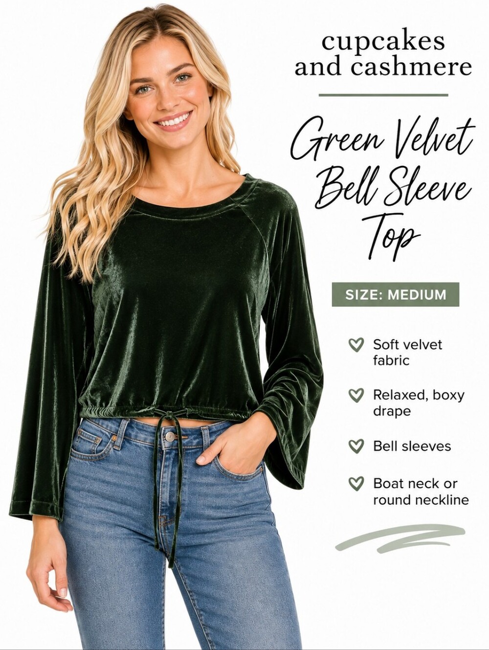 Cupcakes and Cashmere Green Velvet Bell Sleeve Top Women's Medium